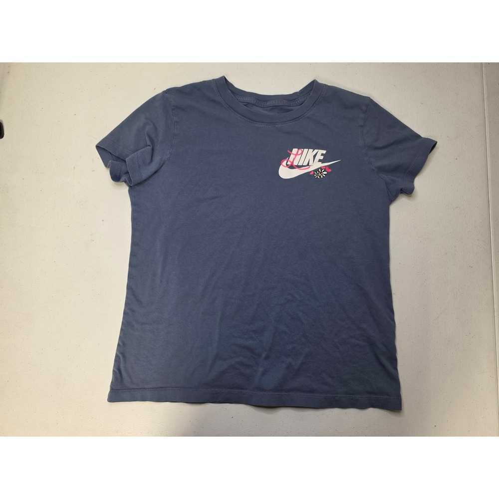 Nike Womens Graphic Tee Blue Gray Short Sleeve Daisy Swoosh Logo Cotton Size M